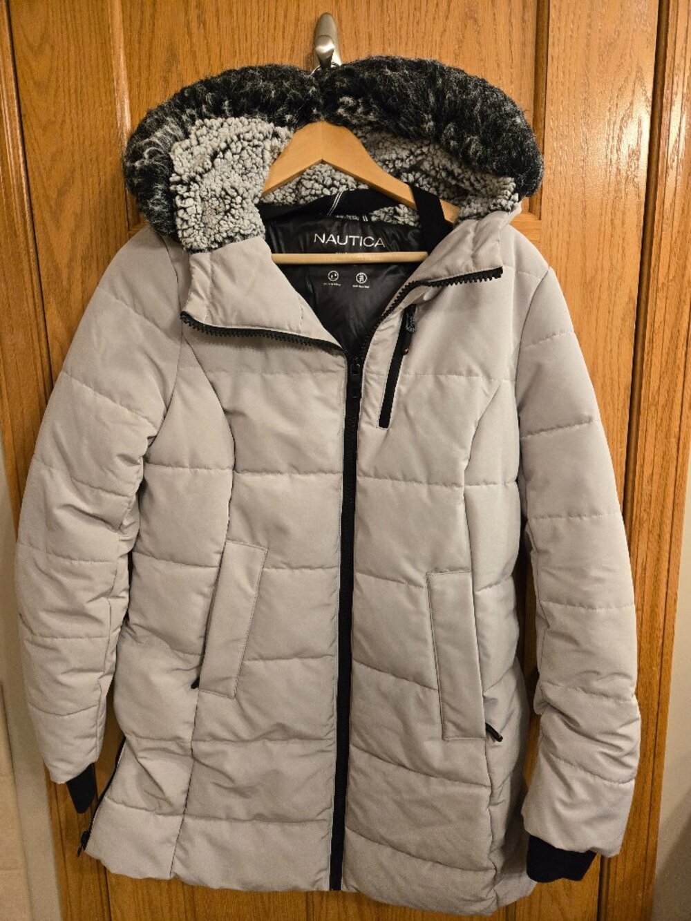 Nautica Women’s Hooded Puffer Coat Faux Fur Trim Off White Size S